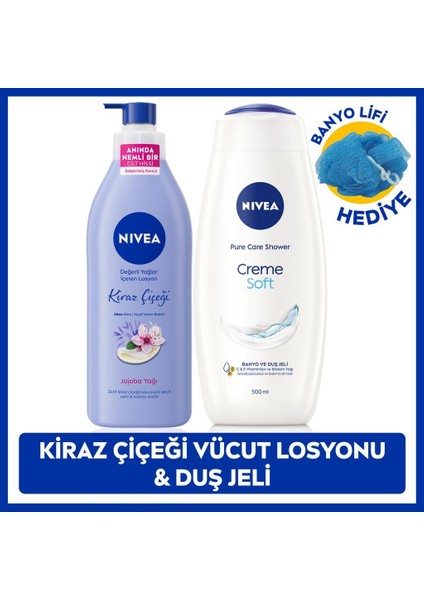 Creme Soft Duş Jeli 500ML ve Kiraz Çiçeği Nemlendirici Vücut Bakım Losyonu 400ML, Banyo Lifi Hediye