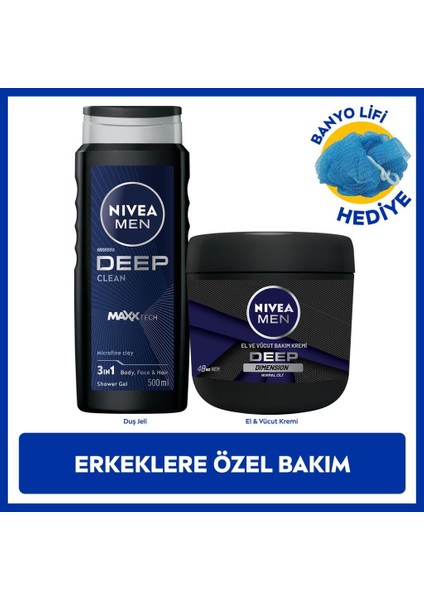 Men Erkek Deep Dimension Duş Jeli 500ML ve Deep Impact Nemlendirici El Vücut Kremi 400ML, Lif Hediye