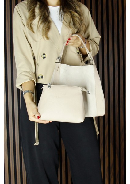 Bej Hakiki Dana Süet Manyetik Kapaklı Büyük Boy Günlük Omuz Çantası ve Askılı El Çantası