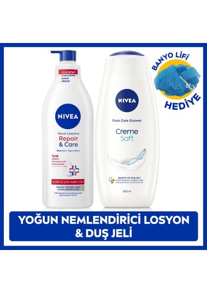 Creme Soft Duş Jeli 500ML ve Repair Care Vücut Losyonu 400ML, Lif Hediyeli, Kaşıntılı ve Hassas Cilt