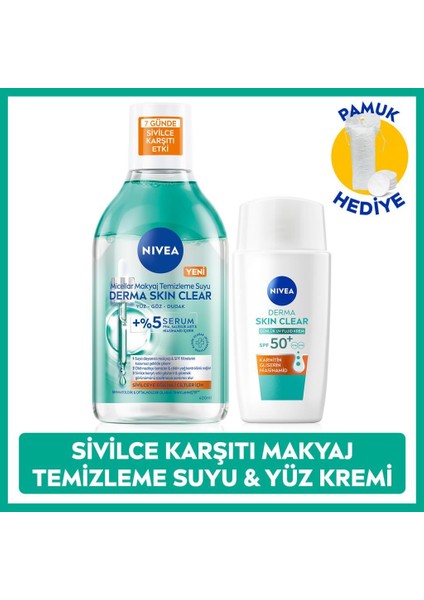 SPF50 Derma Skin Clear Sivilce Karşıtı Güneş Koruyucu KREM40ML ve Makyaj Temizleme Suyu,pamuk Hediye