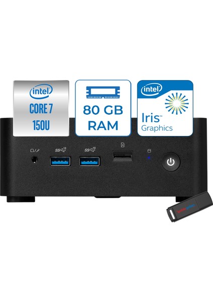 Msı Cubı Nuc Intel Core 7 150U 80GB Ddr5 512GB SSD Iris Xe Graphics Windows 11 Home Mini Bilgisayar 1M012BEUH21 + Zettausbbellek