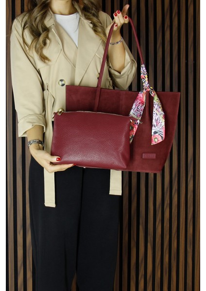 Bordo Hakiki Dana Süet Manyetik Kapaklı Büyük Boy Günlük Omuz Çantası ve Askılı El Çantası