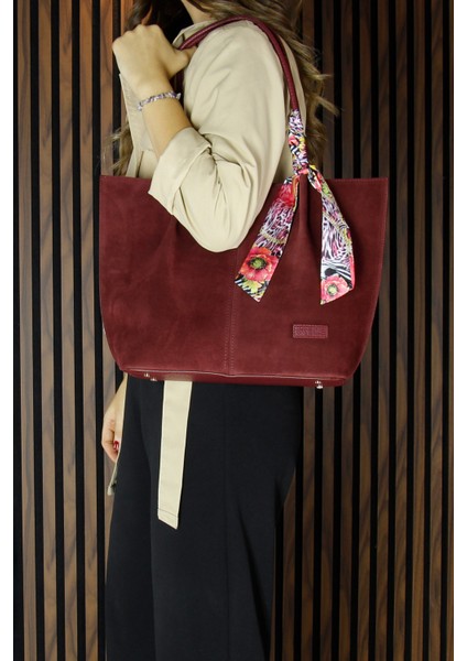 Bordo Hakiki Dana Süet Manyetik Kapaklı Büyük Boy Günlük Omuz Çantası ve Askılı El Çantası