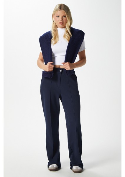 Likra Serisi Lift Süs Dikişli Esnek Açık Lacivert Palazzo Pantolon fırsatları