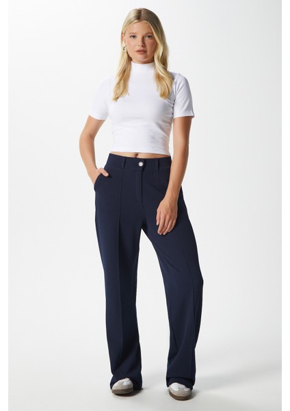 Likra Serisi Lift Süs Dikişli Esnek Açık Lacivert Palazzo Pantolon indirimleri