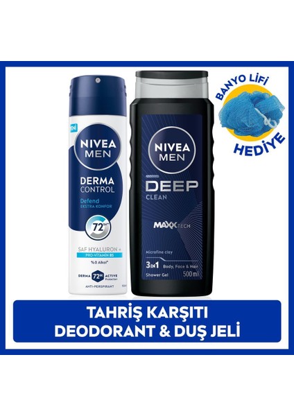 Men Erkek Deep Dimension Duş Jeli 500ML ve Sprey Deodorant Derma Control Defend 150ML, Lif Hediyeli