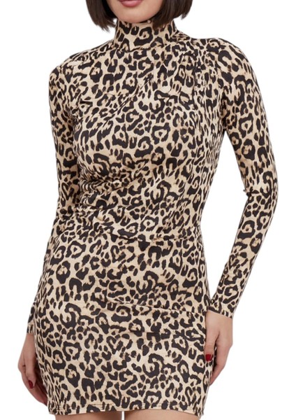 Likralı Büzgü Detaylı Leopar Desenli Elbise modelleri