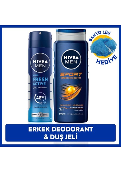 Men Erkek Sprey Deodorant Fresh Active 150ML ve Sport Duş Jeli 500ML, Banyo Lifi Hediyeli, Pudrasız