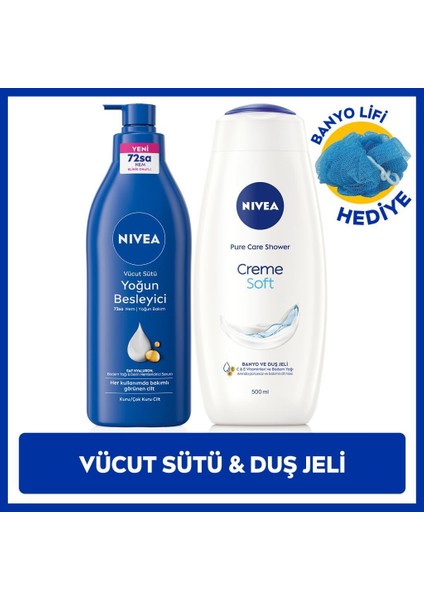 Creme Soft Duş Jeli 500ML ve Yoğun Besleyici Nemlendirici Vücut Sütü 400ML, Banyo Lifi Hediyeli