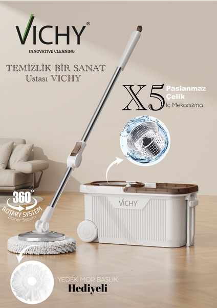 Vıchy 360° Döner Mop Tekerlekli Temizlik Seti | Kolay Sıkma Kova, Mikrofiber Mop (Yedek Mop Hediyeli) VCH-6676 X5