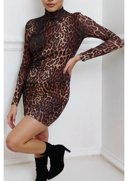 Likralı Büzgü Detaylı Leopar Desenli Elbise modelleri