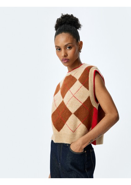 Bisiklet Yaka Baklava Desenli Kolsuz Triko Süveter