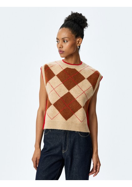 Bisiklet Yaka Baklava Desenli Kolsuz Triko Süveter modelleri