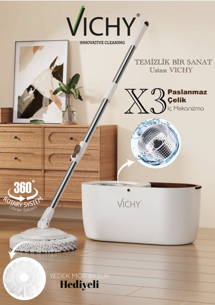 Vıchy 360° Döner Mop Temizlik Seti | Kolay Sıkma Kova, Mikrofiber Mop (Yedek Mop Hediyeli) VCH-6675 X3