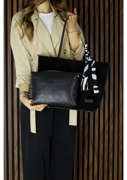 Siyah Hakiki Dana Süet Manyetik Kapaklı Büyük Boy Günlük Omuz Çantası ve Askılı El Çantası