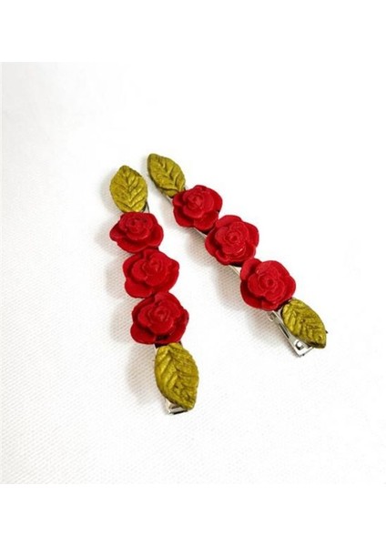 5734 El Yapımı Gül desenli Polimer Kil 2’li Set Yan Saç Tokası / 7.5 Cm