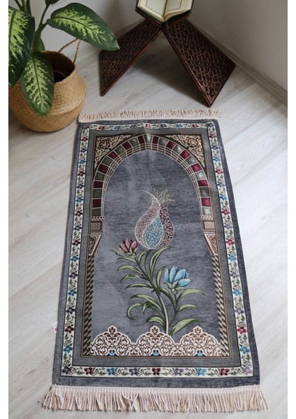 Lale Desenli Astarlı Lüks Seccade S1002 Gri
