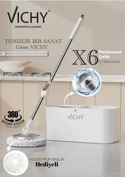 Vıchy 360° Döner Mop Temizlik Seti | Kolay Sıkma Kova, Mikrofiber Mop (Yedek Mop Hediyeli) VCH-6677 X6