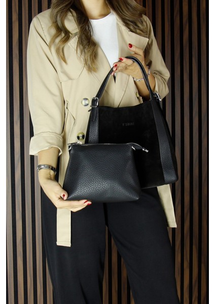 Siyah Hakiki Dana Süet Manyetik Kapaklı Büyük Boy Günlük Omuz Çantası ve Askılı El Çantası