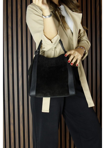 Siyah Hakiki Dana Süet Manyetik Kapaklı Büyük Boy Günlük Omuz Çantası ve Askılı El Çantası fiyatları