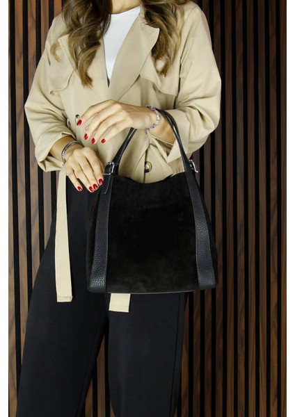 Siyah Hakiki Dana Süet Manyetik Kapaklı Büyük Boy Günlük Omuz Çantası ve Askılı El Çantası fırsatları