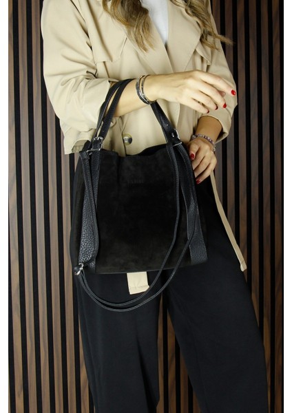 Siyah Hakiki Dana Süet Manyetik Kapaklı Büyük Boy Günlük Omuz Çantası ve Askılı El Çantası indirimleri