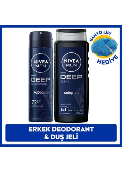 Men Erkek Sprey Deodorant Deep Dimension 150ML ve Deep Dimension Duş Jeli 500ML, Banyo Lifi Hediyeli