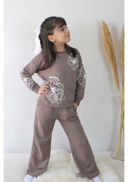 Kahverengi Taş Detaylı Geniş Paçalı Kız Çocuk Eşofman Takımı modelleri