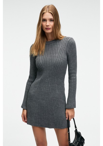 ENCANTO Kadın Yuvarlak Yaka Çizgi Desenli Slim Fit Antrasit Elbise