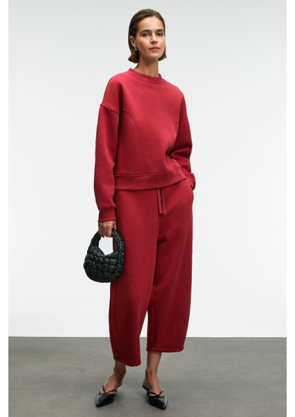 YUVESSA Kadın Oversize Kordonlu Çift Cepli Balon Kırmızı Eşofman Altı