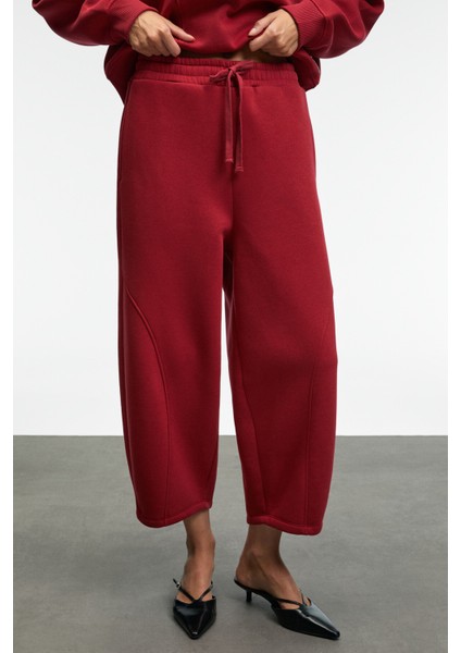 YUVESSA Kadın Oversize Kordonlu Çift Cepli Balon Kırmızı Eşofman Altı modelleri