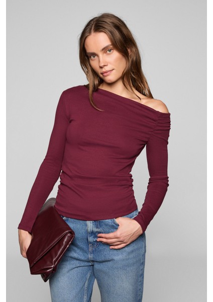SISSI Kadin Organik Pamuklu Asimetrik Yaka Likralı Esnek Kumaşlı Bordo Bluz