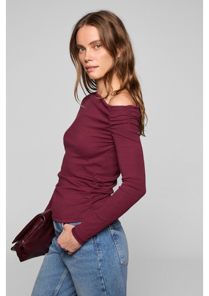SISSI Kadin Organik Pamuklu Asimetrik Yaka Likralı Esnek Kumaşlı Bordo Bluz fiyatları