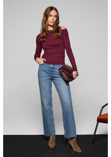 SISSI Kadin Organik Pamuklu Asimetrik Yaka Likralı Esnek Kumaşlı Bordo Bluz modelleri