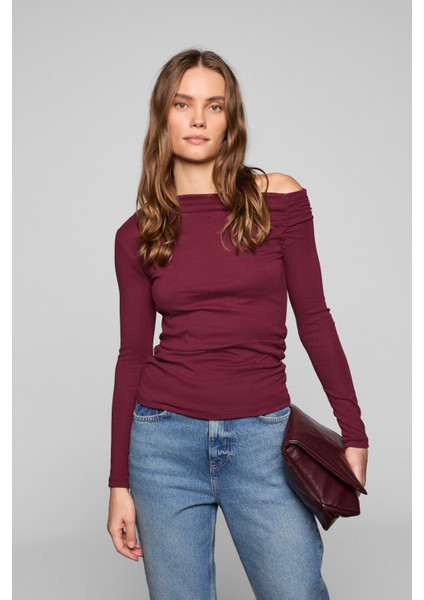 SISSI Kadin Organik Pamuklu Asimetrik Yaka Likralı Esnek Kumaşlı Bordo Bluz fırsatları