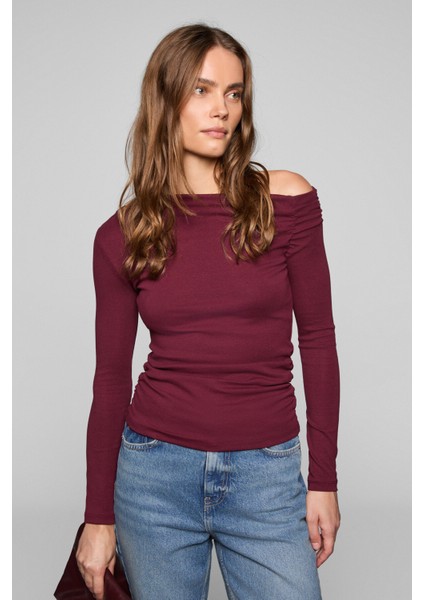 SISSI Kadin Organik Pamuklu Asimetrik Yaka Likralı Esnek Kumaşlı Bordo Bluz indirimleri