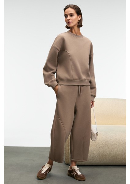 YUVESSA Kadın Oversize Kordonlu Çift Cepli Balon Vizon Eşofman Altı