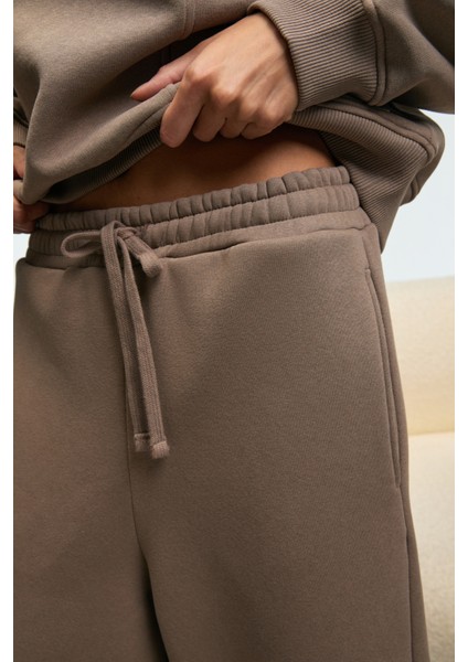 YUVESSA Kadın Oversize Kordonlu Çift Cepli Balon Vizon Eşofman Altı