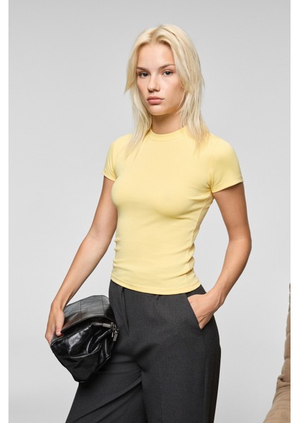 HOPEWELL Kadın Yuvarlak Yaka Örme Slim Fit Sarı T-Shirt modelleri