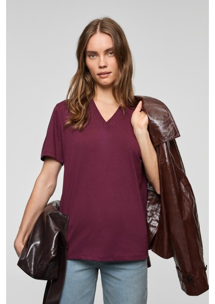 ALINE Kadın %100 organik Pamuk Derin V Yakalı Comfort Fit Bordo T-Shirt
