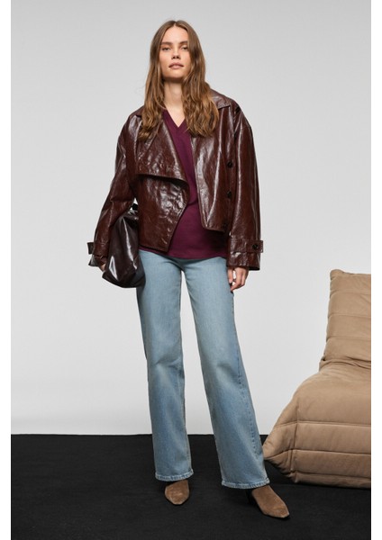 ALINE Kadın %100 organik Pamuk Derin V Yakalı Comfort Fit Bordo T-Shirt fiyatları