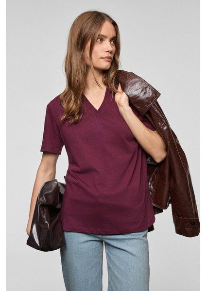 ALINE Kadın %100 organik Pamuk Derin V Yakalı Comfort Fit Bordo T-Shirt modelleri