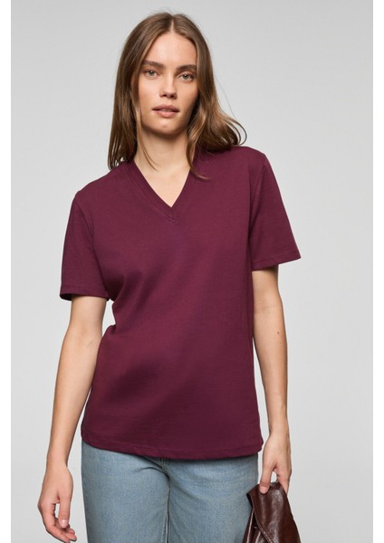 ALINE Kadın %100 organik Pamuk Derin V Yakalı Comfort Fit Bordo T-Shirt fırsatları