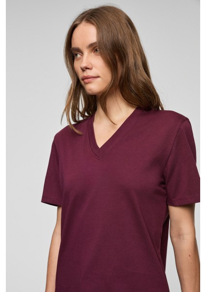 ALINE Kadın %100 organik Pamuk Derin V Yakalı Comfort Fit Bordo T-Shirt indirimleri