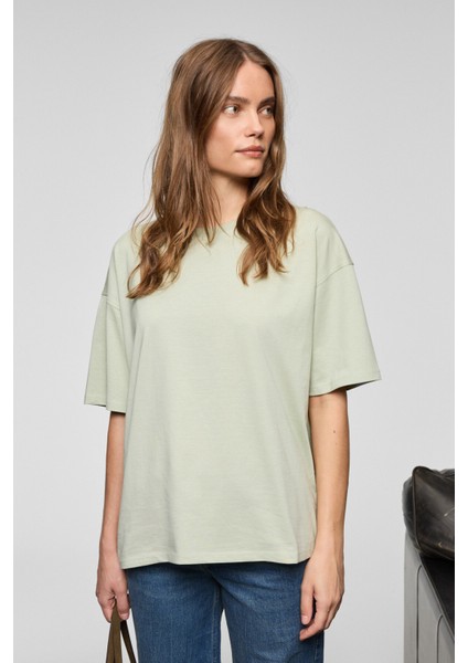 LAGERTHA Kadın %100 organik Pamuklu Kalın Dokulu Oversize Fit Yuvarlak Yakalı Mint Yeşil T-Shirt