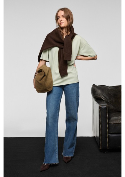 LAGERTHA Kadın %100 organik Pamuklu Kalın Dokulu Oversize Fit Yuvarlak Yakalı Mint Yeşil T-Shirt fiyatları