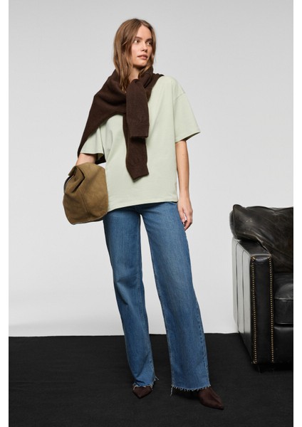 LAGERTHA Kadın %100 organik Pamuklu Kalın Dokulu Oversize Fit Yuvarlak Yakalı Mint Yeşil T-Shirt modelleri