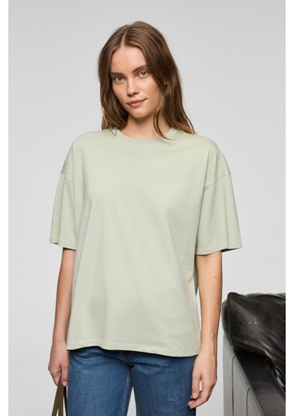 LAGERTHA Kadın %100 organik Pamuklu Kalın Dokulu Oversize Fit Yuvarlak Yakalı Mint Yeşil T-Shirt fırsatları