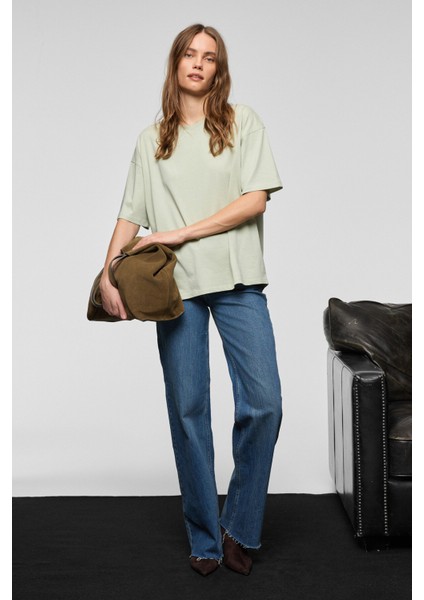 LAGERTHA Kadın %100 organik Pamuklu Kalın Dokulu Oversize Fit Yuvarlak Yakalı Mint Yeşil T-Shirt indirimleri